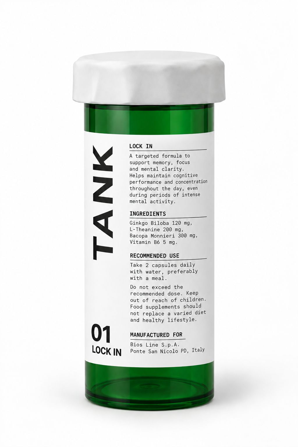 TANK 01 LOCK IN — Focus & Performance formula in a green vial