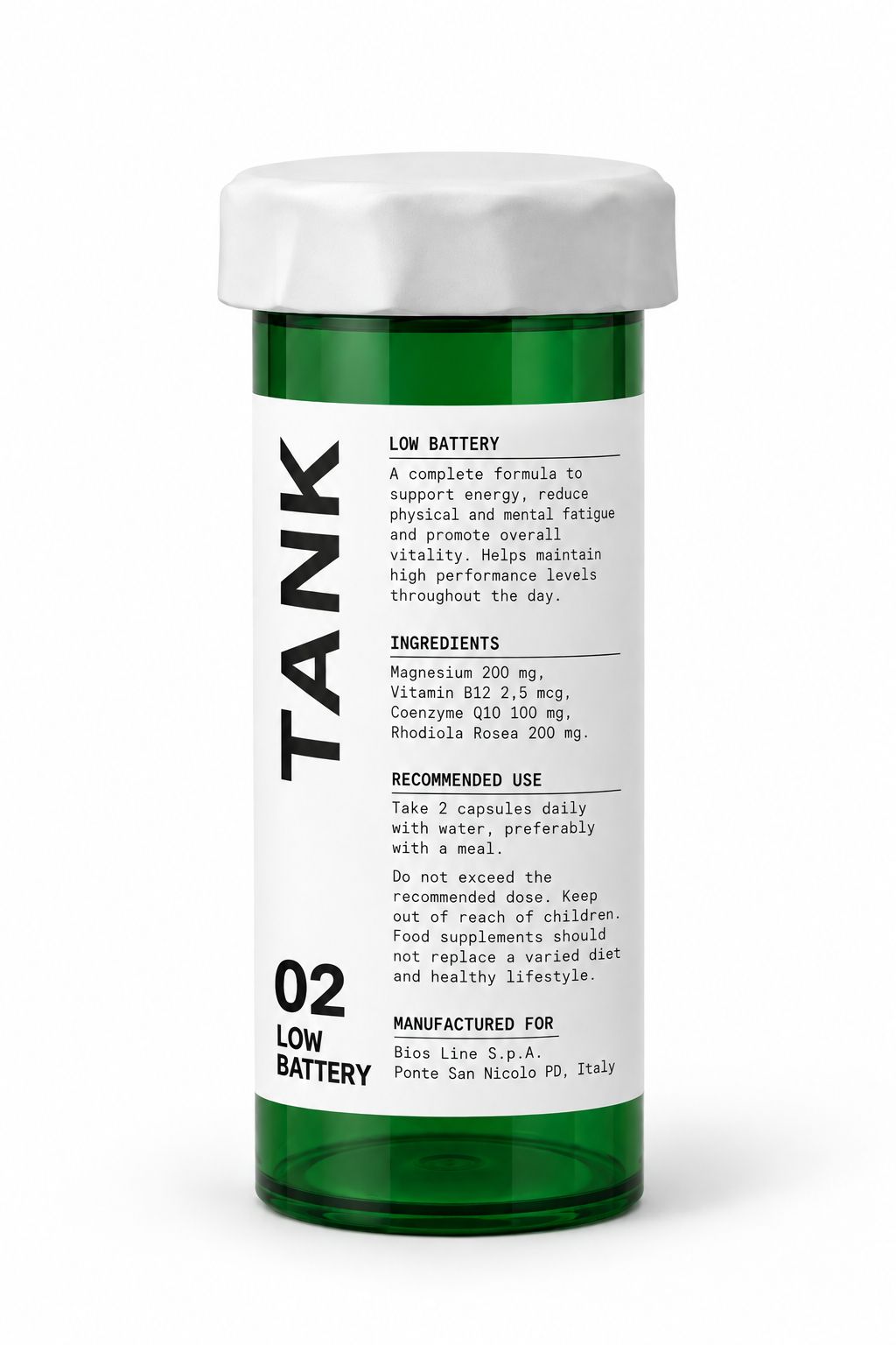 TANK 02 LOW BATTERY — Energy formula in a green vial